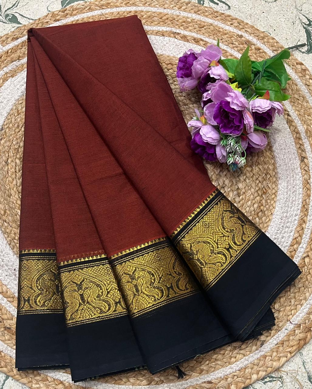 Burgundy Kanchi Cotton Saree With Traditional Gold Zari Border